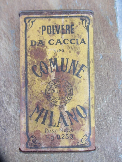 SCATOLA DI LATTA VUOTA POLVERE DA CACCIA TIPO COMUNE MILANO 250g