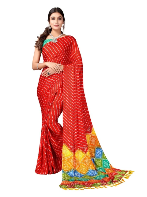 Women's Red Tassel & Bandhani Printed Silk Saree with Unstitched Blouse MT999