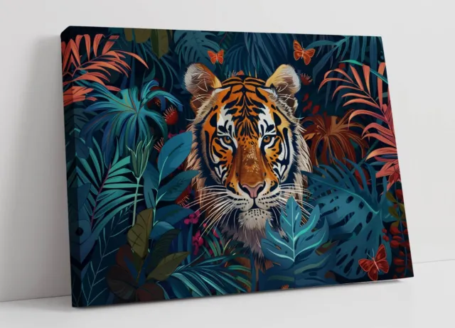 Folk Art Of Tiger In A Jungle 2 -Premium Deep Framed Canvas Wall Art Print