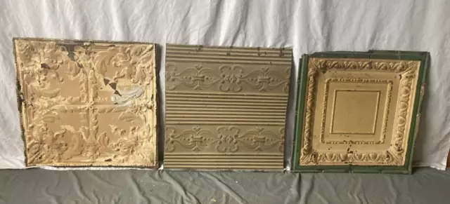 Lot of 3 Antique Tin Ceiling  2' x 2' Shabby Tile 24" SQ Chic VTG Crafts 68-23A