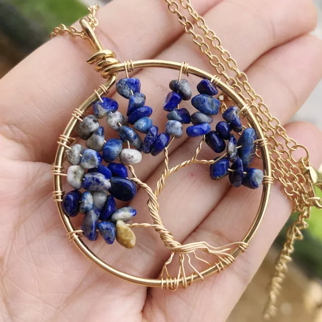 Sodalite Gem Stone Tree Of Life Water-Drop Necklace Chakra Reiki Healing Amulet