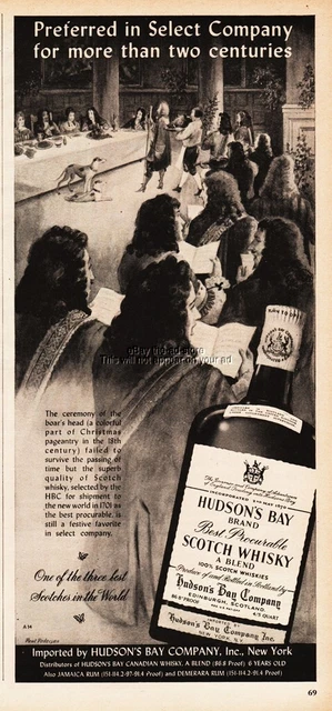1952 Hudsons Bay Scotch Whisky Boars Head Christmas Celebration Hunting Dog Ad