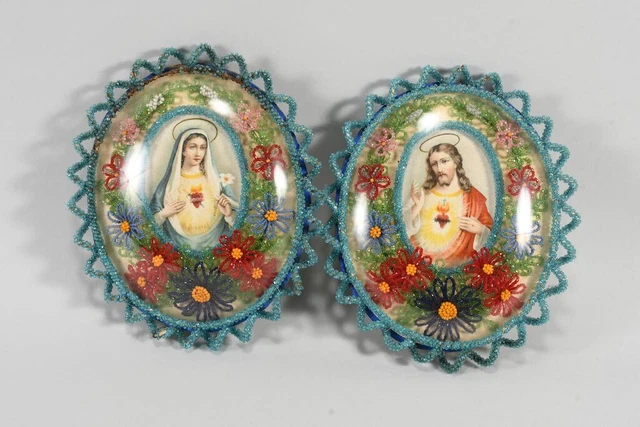 J32O53- 2x Klosterarbeit Perlenarbeit, Maria und Jesus Chromolithografie