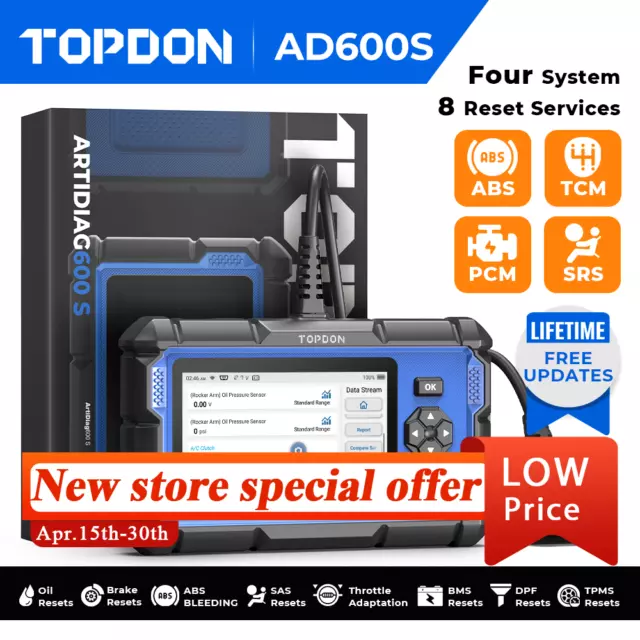 TOPDON AD600S OBD2 Car Diagnostic Tool ABS SRS SAS TPMS BMS Oil AutoVIN Scanner