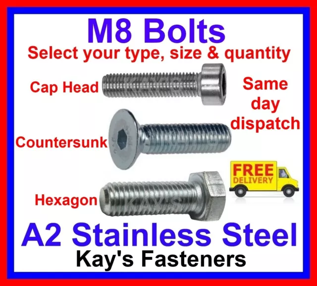Kays Fasteners M8/8mm A2 Stainless Steel Bolts, Kayfast