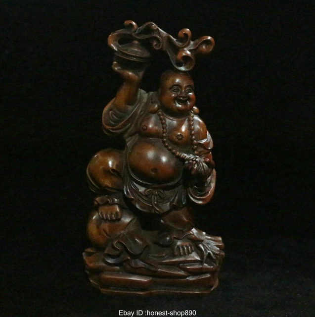 Chinese Boxwood Wood Carved Wealth Money bag Happy Laugh Maitreya Buddha Statue