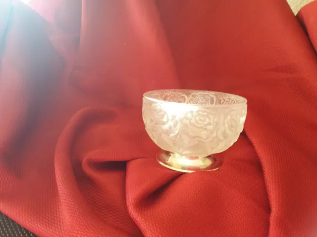 Frosted Stain Glass Bowl. Embossed Roses, Silver Plated Base, WA, William Adams