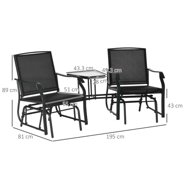Outsunny Double Glider Companion Rocking Chairs Loveseat Garden Table Black 3