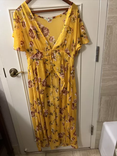 Wishful Park LONG MAXI DRESS SWIM COVERUP SWIMSUIT COVER Yellow Floral Sheer L