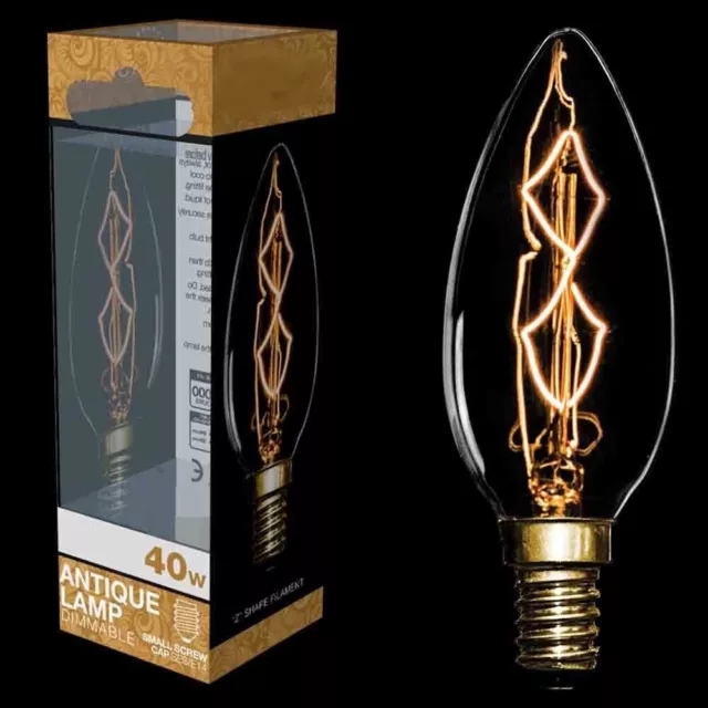 2x 40W Antique Vintage Z Filament Dimmable Clear Candle Light Bulb SES E14 Lamps
