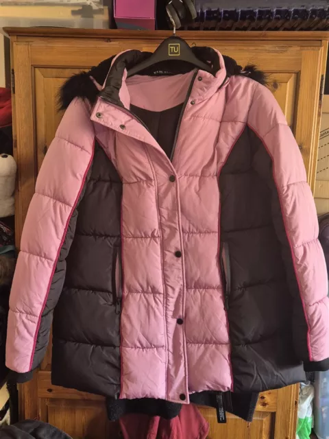 VGC Yours Pink And Black Padded Puffa Jacket/Coat Fur Hood Size 18 Worn Once