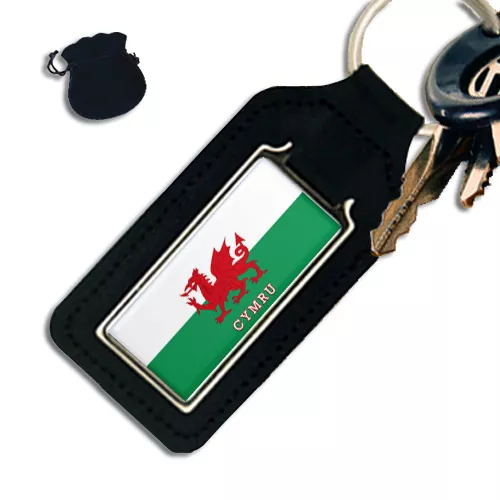 Wales Cymru Flag The Red Dragon Oblong Leather Keyring / Keyfob