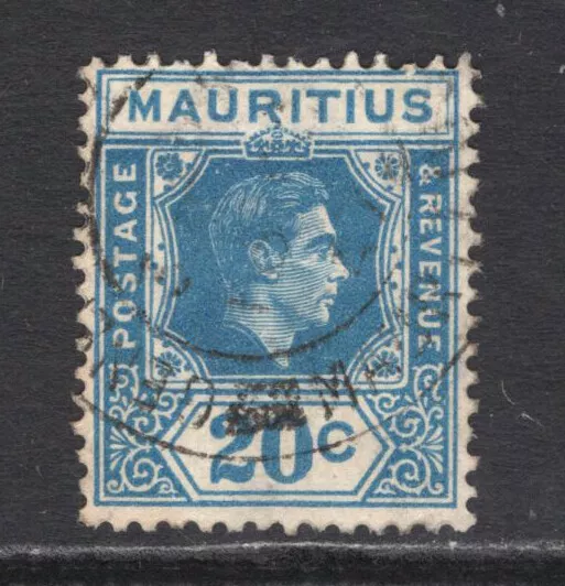 M15800 Mauritius 1942 SG258a var - 20c blue REPAIRED FRAME BREAK & ROSETTE var