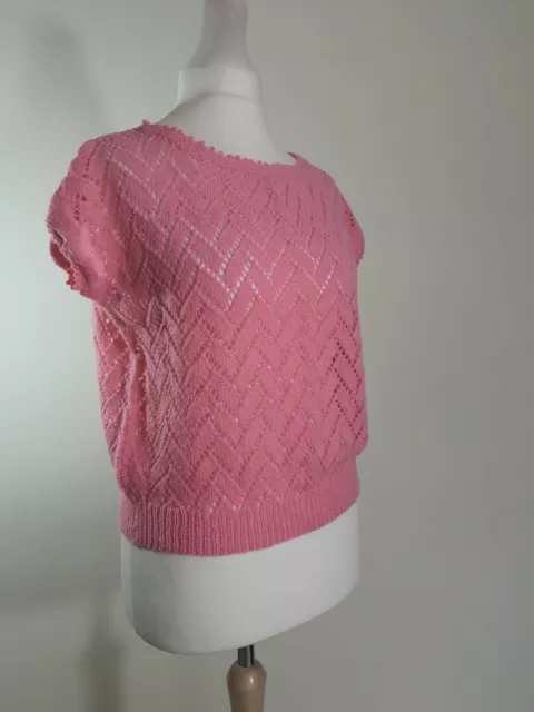 Vintage Handmade Hand Knitted Baby Pink Short Sleeve Wool Knit Jumper Top 10 12