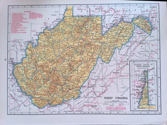 1945 Two-Sided Color Railroad Map West Virginia/Washington Hammond 9.25x12.25"