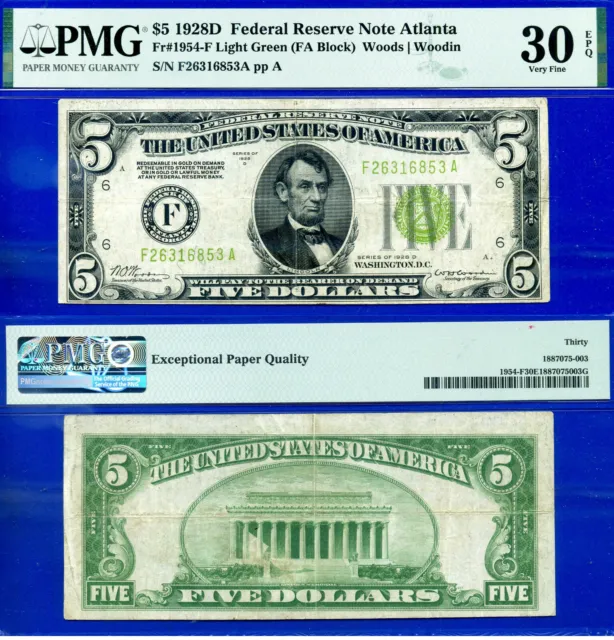 1928D $5 Federal Reserve Note Atlanta Light Green Seal PMG 30EPQ rare Fr 1954-F