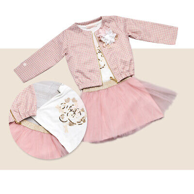 Kids 3 Piece Set Sequin T-shirt Tulle Skirt Grid Jacket Girls Cute Design FR5323