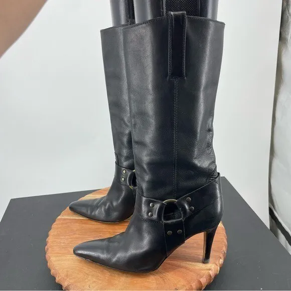 Manolo Blahnik black tall leather harness Stiletto boots 38.5 8.5 brass hardware