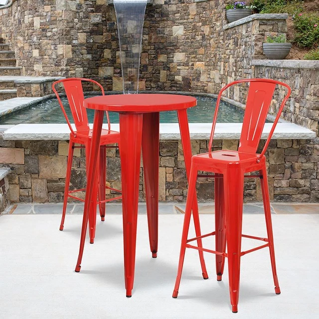 Commercial Grade 24" Round Red Metal Indoor/Outdoor Bar Table Set w/2 Cafe Stool