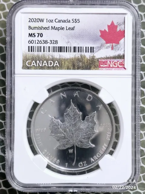 2020-W Canada 1 oz .9999 Fine Silver Burnished Maple Leaf NGC MS 70 w/Leaf Label