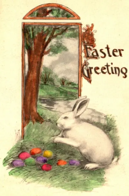 C.1910 WHITE EASTER BUNNY HIDING EGGS TREE PUB. SCHLESINGER BROS NY Postcard P18