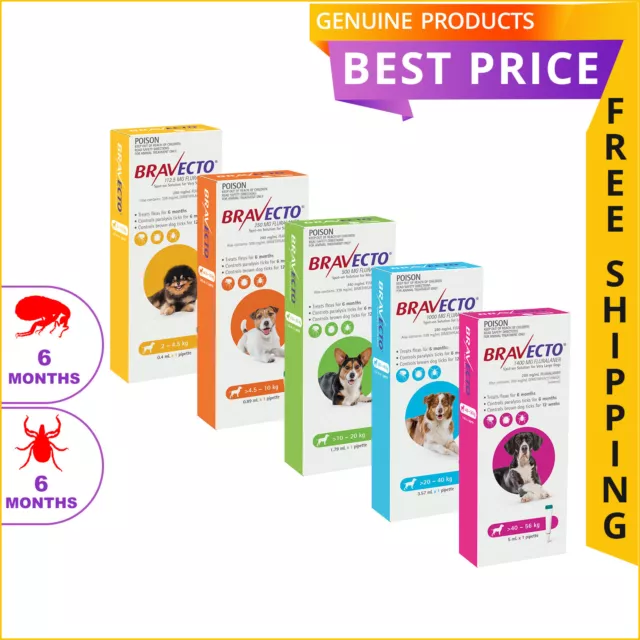 BRAVECTO Spot On 1 Dose Flea and Tick Treatment for 6 months All sizes FREE Ship