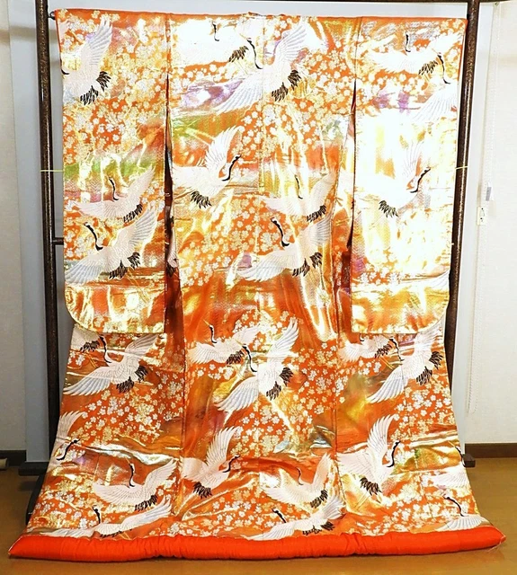 Japanese Kimono Uchikake Luxurious Wedding Embroidery PureSilk Crane Orange K276