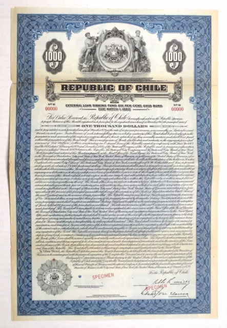 Republic of Chile, 1929 Specimen Bond $1000 Specimen 6% External Loan