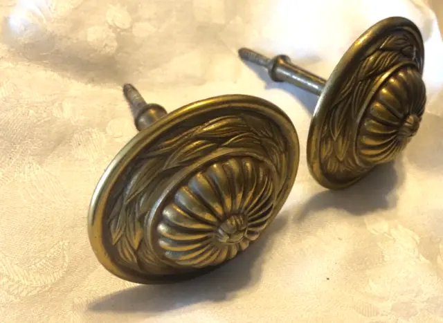 Vintage Drapery Curtain Pull Back Ties SOLID EMBOSSED BRASS ROUND JAPAN SET OF 2