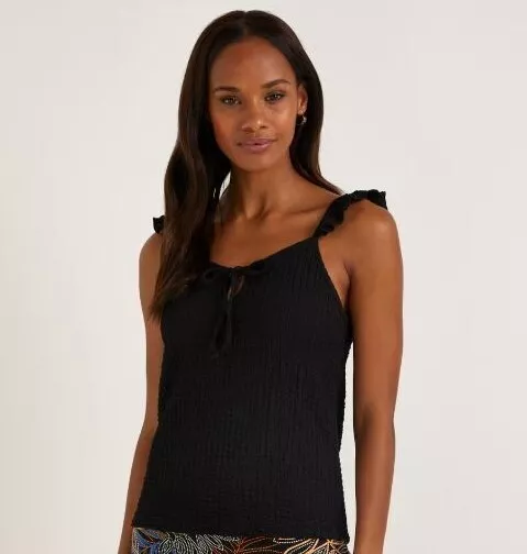 BNWT  Black Frill Strap Vest Top Summer Holiday  Matalan size 14 16 18  (ST379)