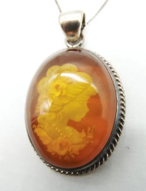 Baltic Amber Cameo Sterling Silver Pendant Necklace Vintage Handmade