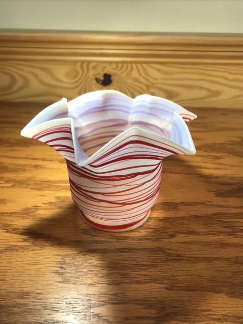 Miniature Hand Painted Spagetti Ruby Red Swirl Pinched Corners Oil Lamp Shade