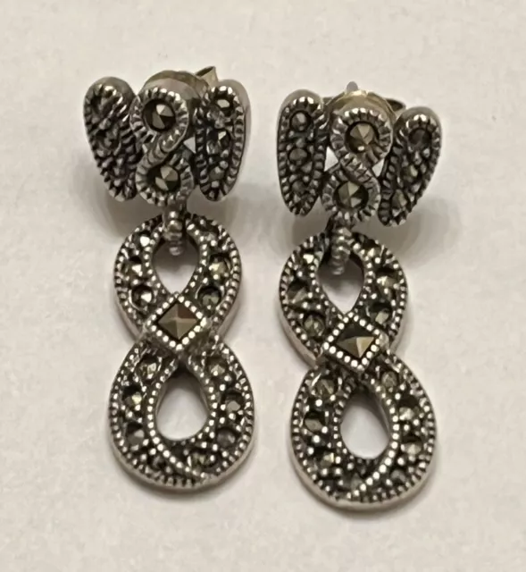 Signed JJ Judith Jack Sterling Silver & Marcasite Infinity Dangle Post Earrings