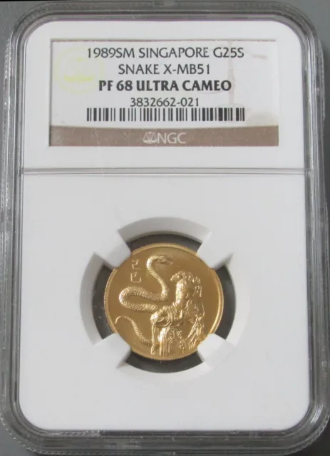 1989 GOLD SINGAPORE PROOF 200 MINTED LUNAR YEAR OF SNAKE 1/4oz NGC PR 68 UC