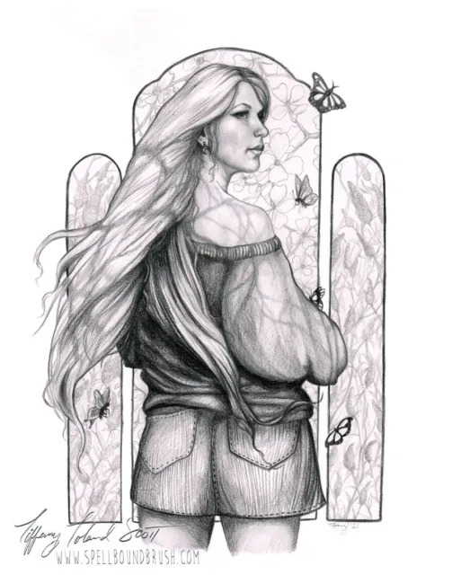 Original Drawing Winter Garden Woman With Flowers Witch Fantasy Sketch  Pencil