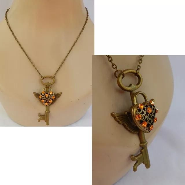 Heart Key 3D Wings Gold Chain Necklace Pendant Jewelry Jeweled New Fashion