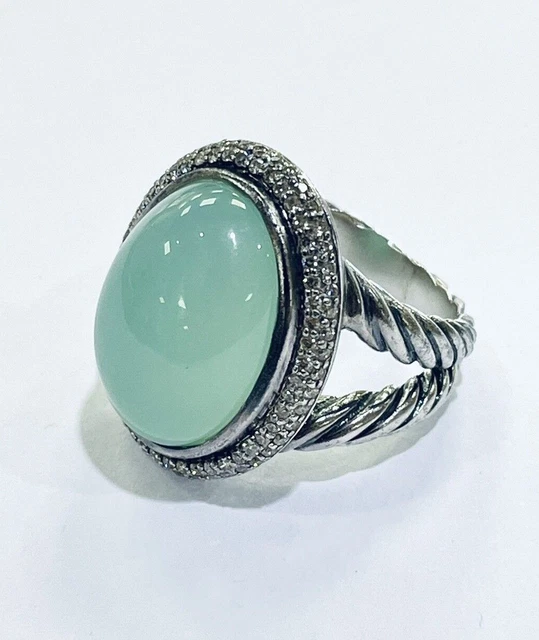 David Yurman 925 Sterling Silver Aqua Chalcedony & Diamonds Signature Oval Ring