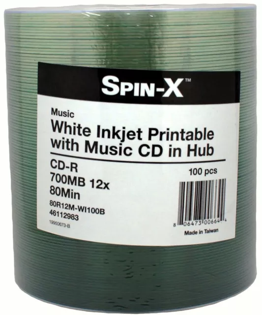 100-Pk Spin-X MUSIC Digital Audio White Inkjet Recordable CD-R Blank Disc 80Min