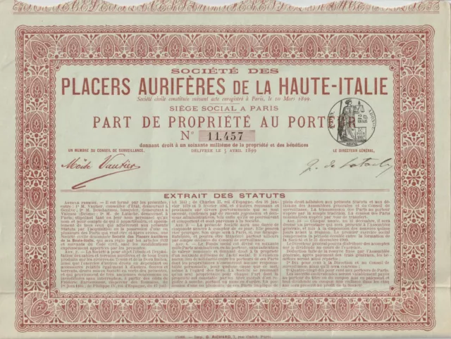 Gold: Société des Placers Aurifères de la Haute- Italie 1899 (Richard)