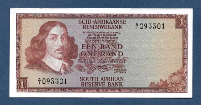 (DN) South Africa 1 Rand 1966 Sign Rissik P-109a  "Prefix A/1" AU