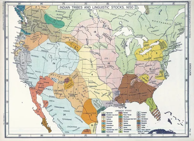 1650 Map US Indian Tribes and Linguistic Languages Stocks Native American Poster