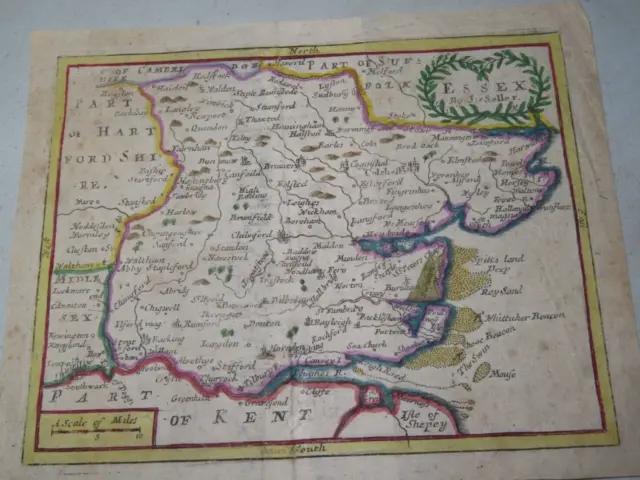 1695 Handcoloured Map Of Essex By John Seller Colchester Harlow Isle Of Sheppey