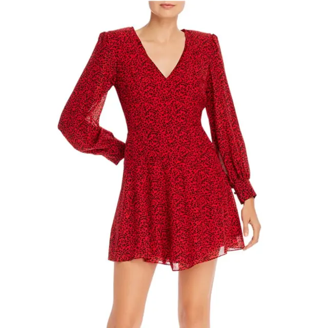 ALICE & OLIVIA Polly Leopard Dress Womens 2 Red Black Long Sleeve Fit Flare Mini