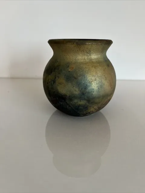 Raku Pottery Vase Artist Signed EM 4 inches Hand Made Ceramic Pot Bowl