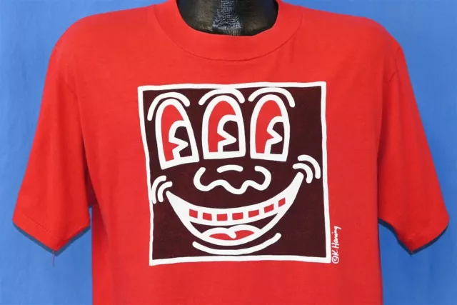 vintage 80s KEITH HARING THREE EYED SMILING FACE ORIGINAL RED t-shirt LARGE L