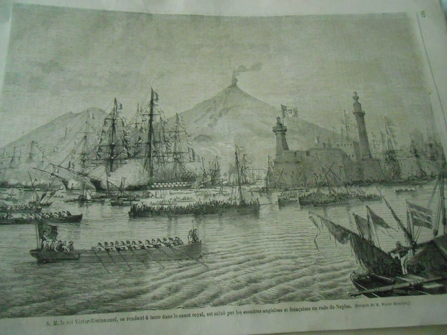 Gravure 1862 - Victor Emmanuel se rendant à terre dans le canot Royal Naples