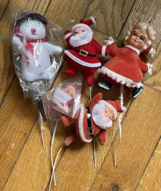 Vintage Flocked Snowman, Santa & Mrs Claus Christmas Ornament Pick Lot Of 5