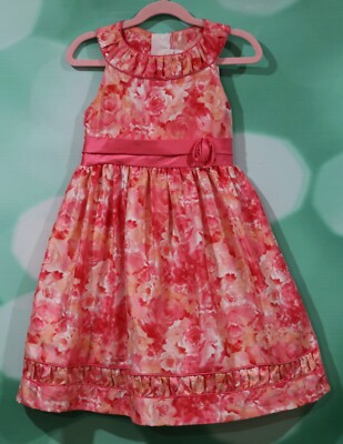 EUC Emily Rose Girls Coral Floral Sash With Flower Dress Size 6