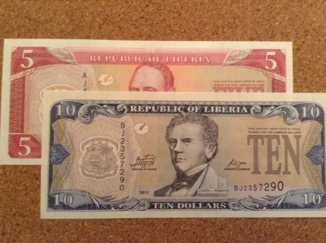 Lot de billets Liberia. Cinq et dix dollars. Date 2011. unc. 3