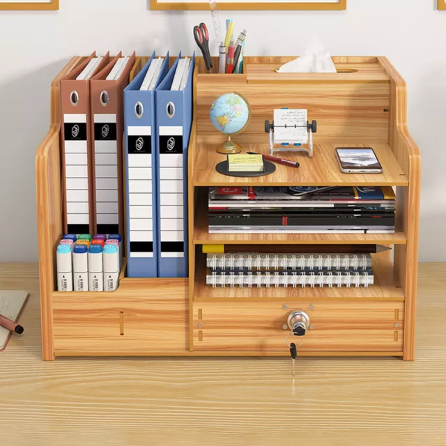 Wooden Office Desk Organiser Stationary Storage Home Tidy Storage Tabletop Stand